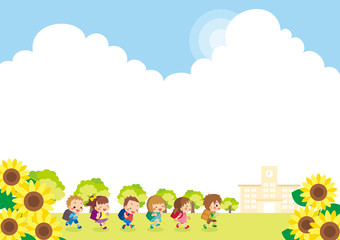 Obraz na płótnie Canvas ひまわり畑を駆け抜けて学校目指して走る可愛い小学生たち