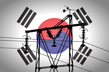 Concept Illustration With Korean Flag in the Background And old power line Silhouette in the foreground symbol for the upcoming energy crisis