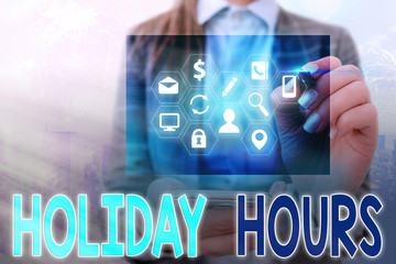 Handwriting text writing Holiday Hours. Conceptual photo Overtime work on for employees under...