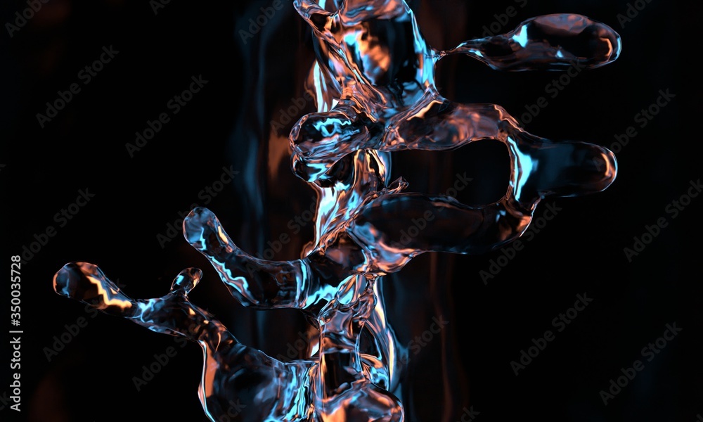 Poster 3d rendering of abstract shape liquid with light distort reflection. fire and ice element against (v