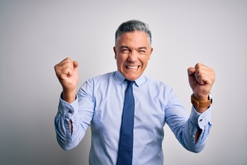Middle age handsome grey-haired business man wearing elegant shirt and tie angry and mad raising fists frustrated and furious while shouting with anger. Rage and aggressive concept.