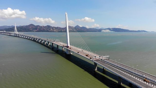 Aerial View Over The Shenzhen Bay Bridge Houhai Bay To Hong Kong Island. 