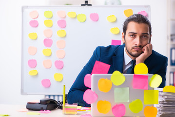 Young male employee in conflicting priorities concept