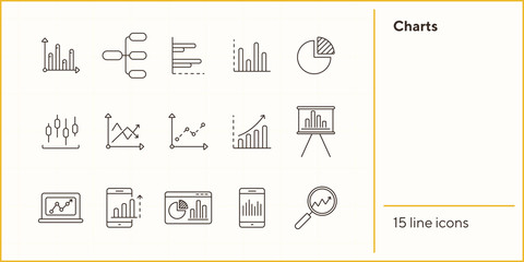 Charts line icon set. Diagram, presentation, statistical report isolated outline sign pack. Graph, analysis, statistics concept. Vector illustration symbol elements for web design and apps