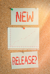Text sign showing New Release Question. Business photo showcasing asking about recent product or...