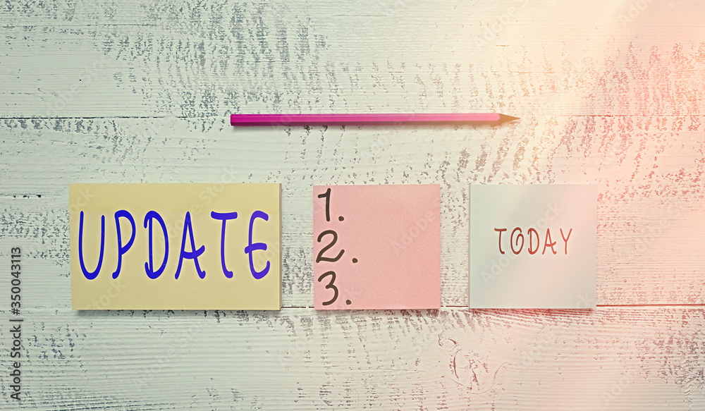 Sticker handwriting text writing update. conceptual photo make something more modern adding new facts changi