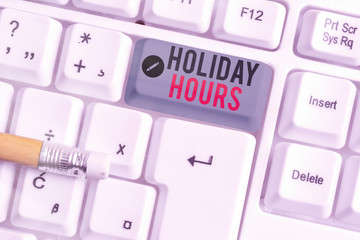 Conceptual hand writing showing Holiday Hours. Concept meaning Overtime work on for employees under...