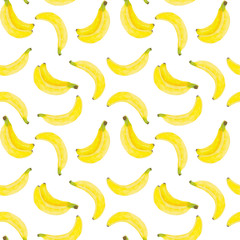 Fototapeta na wymiar Watercolor seamless pattern banana. Tropical fruit design. Summer fresh illustration Isolated on white background. Hand drawn. Healthy trendy food for vegan. Design for kitchen, textile fabrics, menu.