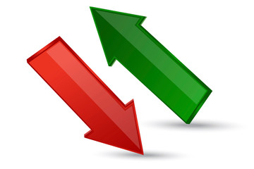 Arrow up diagonal and down arrow icon. Red and green lines change symbol. Vector illustration. Stock Photo.