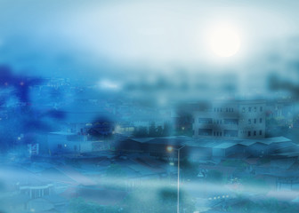 City with housing, schools and office buildings, shrouded in dirty fog withan air environment containing disease concept.