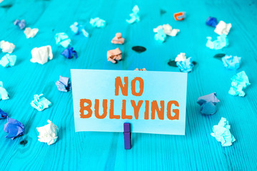 Word writing text No Bullying. Business photo showcasing stop aggressive behavior among children...
