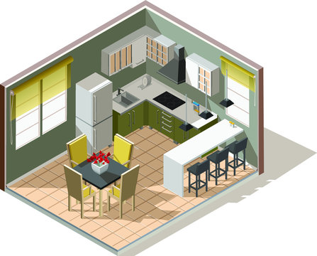 3d  vector low poly isomeric kitchen icon with kitchen appliances and modern design furniture.