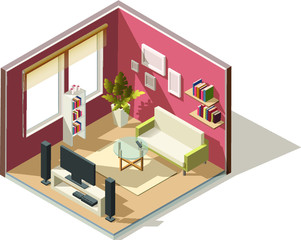 3d realistic vector isometric low poly living room interior.
