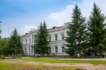 Russia, Blagoveshchensk, July 2019: City house of culture in Blagoveshchensk Park in summer