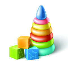 3d realistic vector icon set of baby plastic toys, cubes and colorful stacker.