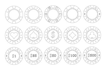 Poker casino chips icons set on white background