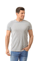 Fototapeta premium Man in stylish t-shirt on white background