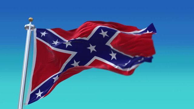 4k Confederate National flag slow waving with visible wrinkles in Battle wind blue sky seamless loop background.A fully digital rendering;animation loops at 20 seconds;smooth texture.