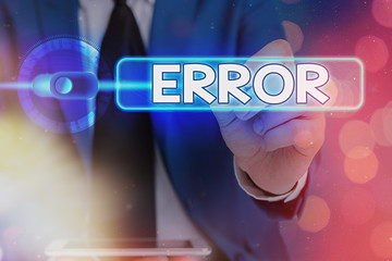 Writing note showing Error. Business concept for state or condition of being wrong in conduct...