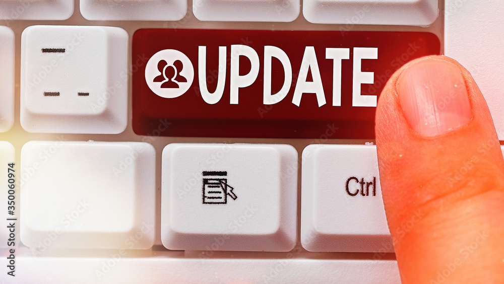 Sticker text sign showing update. business photo showcasing make something more modern adding new facts chan