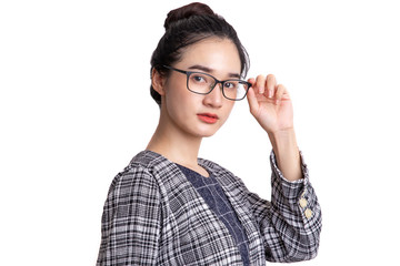 Portrait of beautiful young woman standing thinking of serious confident with spectacles isolated on white background