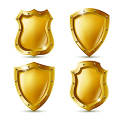 3d realistic vector collection icon set of golden metal shields with nails. Police or sheriff badge.