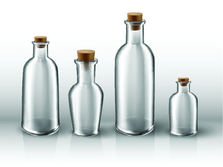 3d realistic vector transparent glass bottles set.