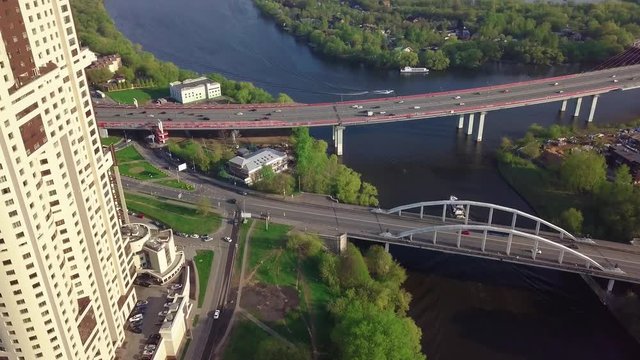 Aerial view in the area of Mitino, North and South Tushino, Pavshino, Silver Boron Park. Moscow River Canal, a view of the cityscape.