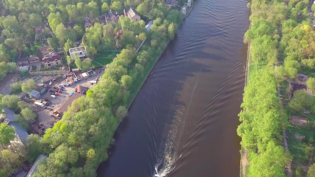 Aerial view in the area of Mitino, North and South Tushino, Pavshino, Silver Boron Park. Moscow River Canal, a view of the cityscape.