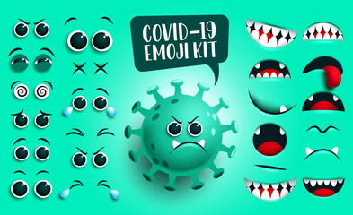Covid19 emoji kit vector set. Green corona virus covid19 smiley and icon creation, kit eyes and mouth with sad facial expression isolated in green background. Vector illustration.
