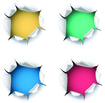 Set of 3d realistic vector paper torn holes on white background and colorful base in yellow, gree, blue and red, template design with space for text.