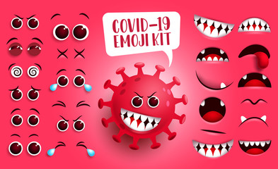 Obraz premium Covid-19 emoji kit vector set. Coronavirus covid-19 smiley icon and emoticon face editable creation eyes and mouth with scary facial expression isolated in red background. Vector illustration. 