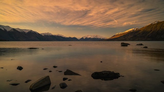 Motion time lapse of a rocky mountain landscape at beautiful Lake Ohau at Twizel in the South Island of New Zealand