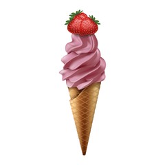 3d realistic vector strawberry ice cream in cone. Isolated on white background.