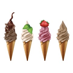 3d realistic vector collection of ice cream in cone. Isolated on white background.