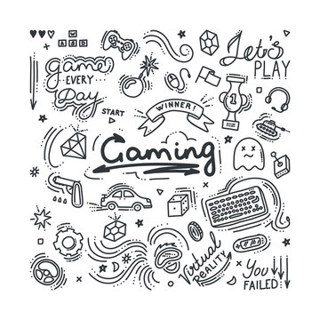 Gaming doodle set. Virtual reality, computers, game genres and related objects. Vector illustration