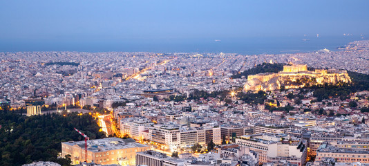 Fototapeta premium cityscape of Athens in early morning with the Acropolis seen from Lycabettus Hill, the highest point in the city