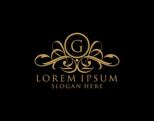 Fototapeta na wymiar Luxury G Letter Logo, Flourishes calligraphic monogram emblem template for Restaurant, Boutique,Wedding, Hotel, Photography, Fashion and Label.
