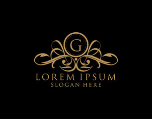 Luxury G Letter Logo, Flourishes calligraphic monogram emblem template for Restaurant, Boutique,Wedding, Hotel, Photography, Fashion and Label.