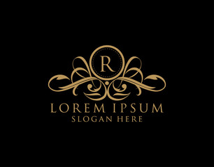 Luxury R Letter Logo, Flourishes calligraphic monogram emblem template for Restaurant, Boutique,Wedding, Hotel, Photography, Fashion and Label.