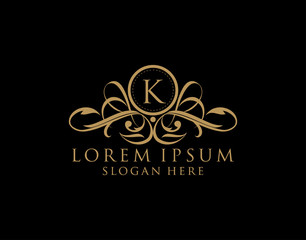 Luxury K Letter Logo, Flourishes calligraphic monogram emblem template for Restaurant, Boutique,Wedding, Hotel, Photography, Fashion and Label.