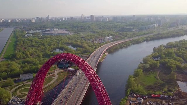 Aerial view in the area of Mitino, North and South Tushino, Pavshino, Silver Boron Park. Moscow River Canal, a view of the cityscape.