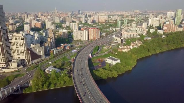 Aerial view in the area of Mitino, North and South Tushino, Pavshino, Silver Boron Park. Moscow River Canal, a view of the cityscape.