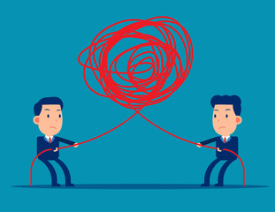 Pulling at tangled rope in opposite directions. Competition