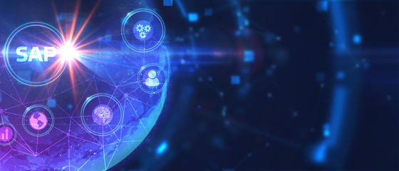 SAP System Software Automation concept on virtual screen data center. Business, modern technology, internet and networking concept.