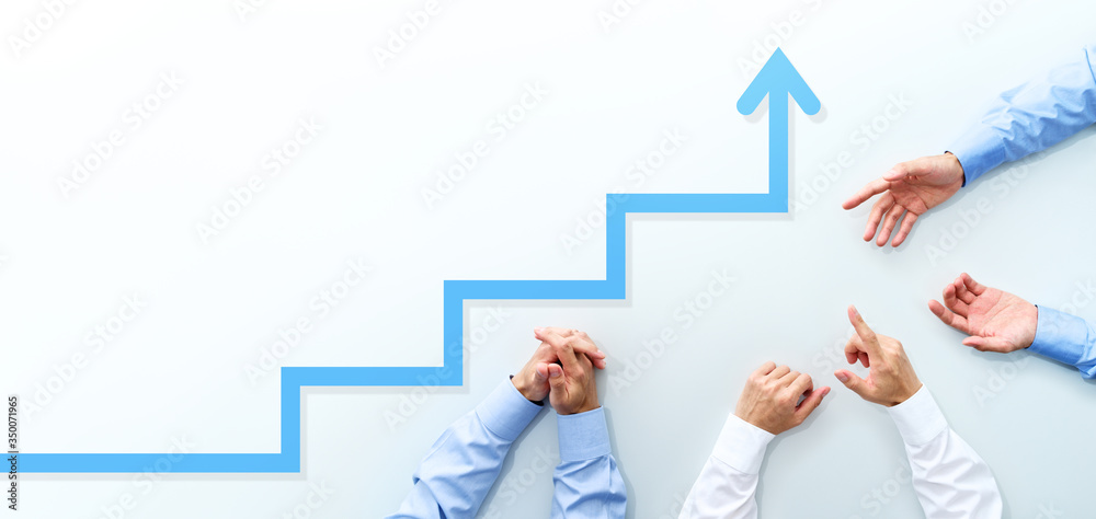 Poster business meeting and growth steps. top view of three men discussing at white table.