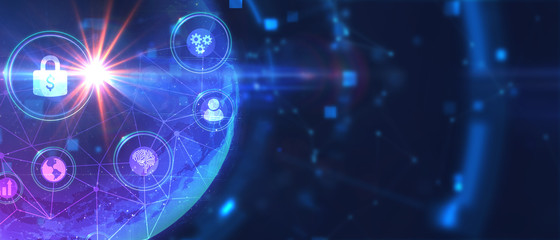 Cyber security data protection business technology privacy concept. Young businessman  select the icon security on the virtual display.