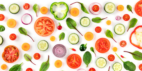 Fresh summer vegetables, a flat lay panorama on a white background, vibrant food pattern, overhead shot