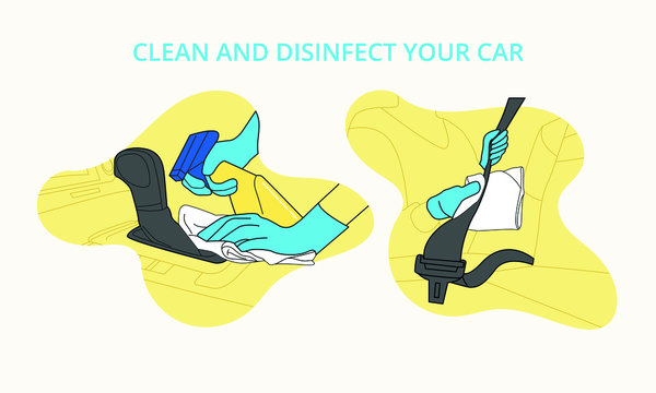 Illustrated icons to disinfect car with gloves and avoid contagion by Covid 19  lever and seat belt