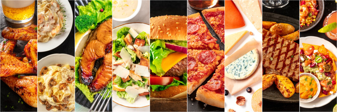 Food collage panorama, design template. Various tasty dishes, including a burger, a pizza, seafood pasta, beef steak. A restaurant menu cover or a groceries shop flyer
